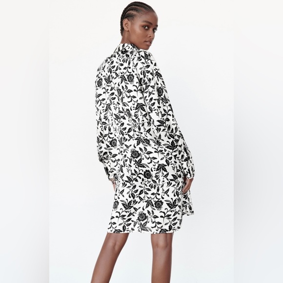 Zara Botton Down Black & White Floral Shirt Dress Sz S NWOT - Picture 4 of 5